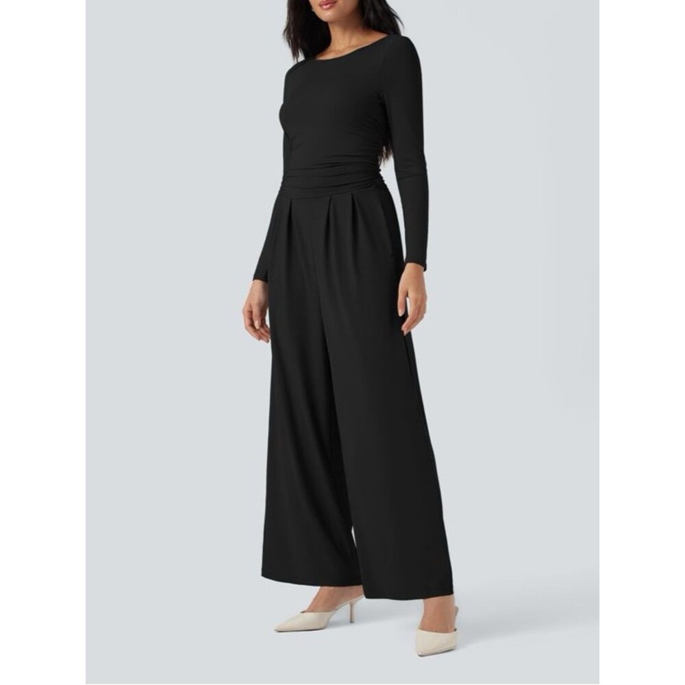 NWT Halara Black Easy Peezy Boat Neck Wide Leg Jumpsuit With Pockets Size Medium